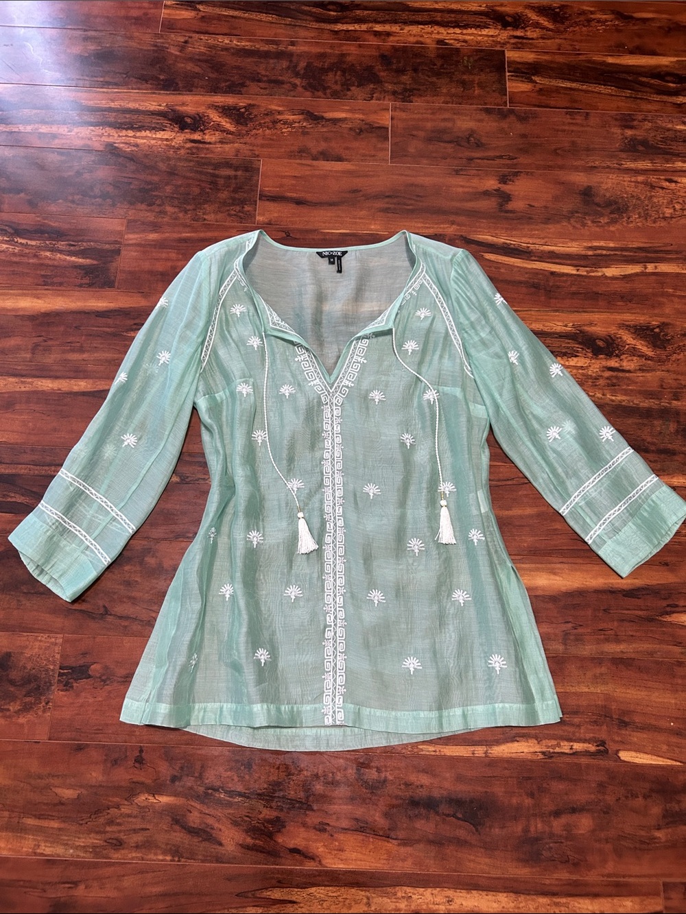 Nic + Zoe Light Green Embroidered V-Neck Tunic Top with Tassels